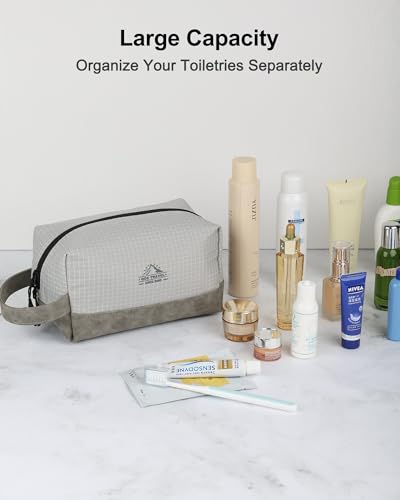 GOX Premium Plaid & Leather Travel Toiletry Bag with Reinforced Handles Cosmetic Organizer (9x5.1x5.1 inches) for Bathroom, Shaving, Makeup Essentials (Grey) - color: Grey