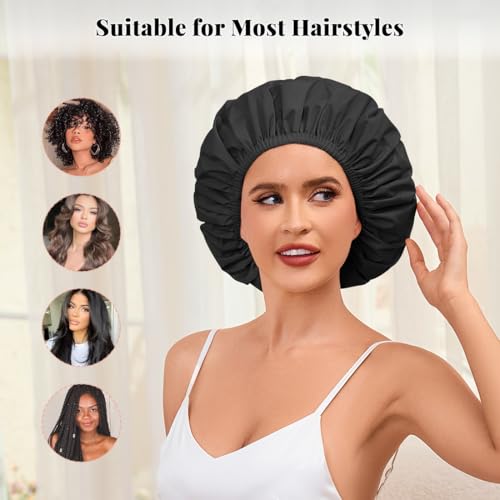 3 Pack Reusable Shower Cap for Women, Waterproof Hair Cap for Shower and Bath, Large Bath Cap for Long Thick Hair - color: A02-Black