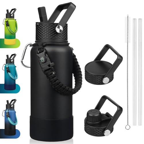 BJPKPK 32oz Insulated Water Bottles with 3 Lids, Paracord Handle & Non-slip Boot, Stainless Steel Metal Water Bottle,Reusable BPA Free Thermal Flasks, Tumblers, Black - color: Black, size: 32 Ounces