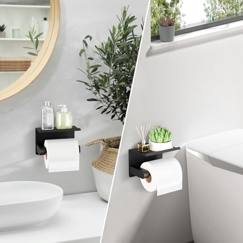 Matte Black Toilet Paper Holder with Shelf, Stainless Steel Bathroom Tissue Holder Self Adhesive or Screw Mounting Wall Mount Toilet Roll Holder for Washroom Kitchen RV