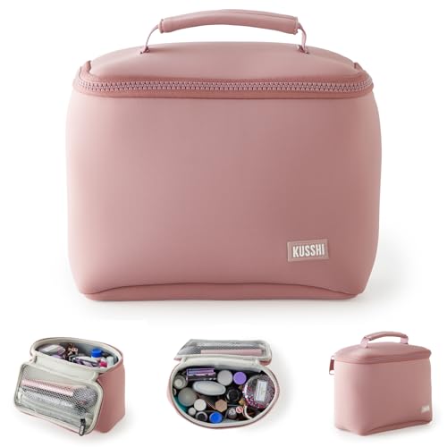 KUSSHI Neoprene Train Case Makeup Bag - Washable Makeup Travel Bag & Vanity Case for Stress Free Travel (Small, Mauve/Stone) - color: Mauve/Stone, size: Small