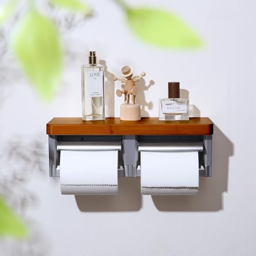 Silver Toilet Paper Holder with Wooden Shelf Top, Wood Toilet roll Holder, Double Bamboo Toilet Paper Holder for Bathroom - color: Wood Brown&silver, size: Full