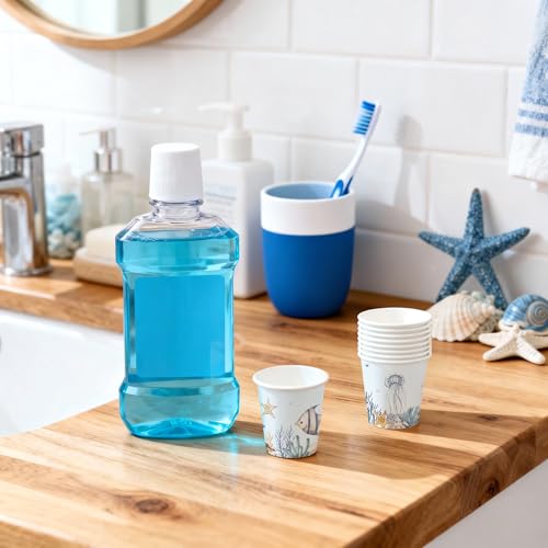 WRAPAHOLIC 3oz Paper Cups - 100 Pack Disposable Bathroom Cups with Undersea Fish Design, Small Mouthwash Cup for Toothbrush Rinse, Home Bathroom, Picnic, BBQ, Travel and Party - color: Blue Seafish