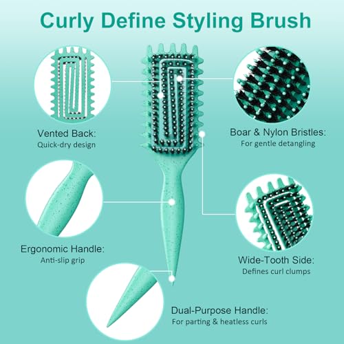 Curly Hair Brush, Curl Defining Brush with Soft Boar Bristles Detangling Tangled Glides, Wide-Teeth Design Effortlessly Shaping & Defining Curls, Curling Definer for Wet & Dry Hair (Green) - color: Green