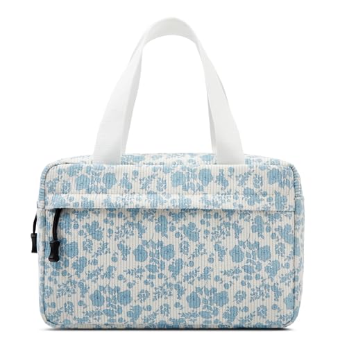 Large Makeup Bag for Women Corduroy Cosmetic bag Make up Bags Zipper Pouch with handle Cosmetic Organizer Toiletry Bag for Travel Storage - color: 13-Blue Flower