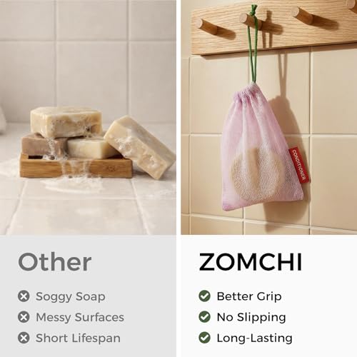 ZOMCHI Foaming Bar Holder for Shower, Mesh Hanging Pouches with Loop, Designed for Body, Shampoo & Conditioner Bars, Color-Labeled Set (3 Pack, Pink)