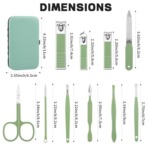 Manicure Set Gift for Women Men, Easter Basket Stuffers for Teens Boys, 10 In 1 Finger and Toe Nail Clippers Kit, Men's Grooming Pedicure Tools with Portable Travel Case, Matcha Green