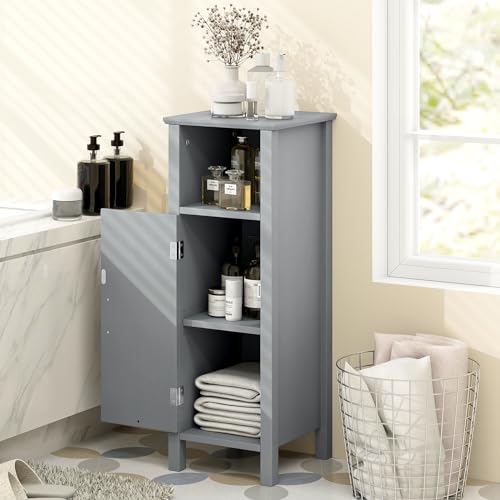 Tangkula Bathroom Floor Cabinet, Freestanding Narrow Storage Cabinet with Anti-Tipping Device, 3-Height Adjustable Shelf, for Bathroom Home Office, 12 x 12 x 31.5 Inches (Grey) - color: Grey