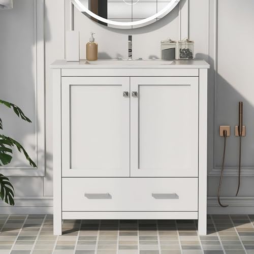 Linique 30" Modern Bathroom Vanity with Sink Combo Set, Solid Wood Frame Bathroom Storage Cabinet with 2 Soft Closing Doors and a Drawer, Multifunctional Storage, White - color: White