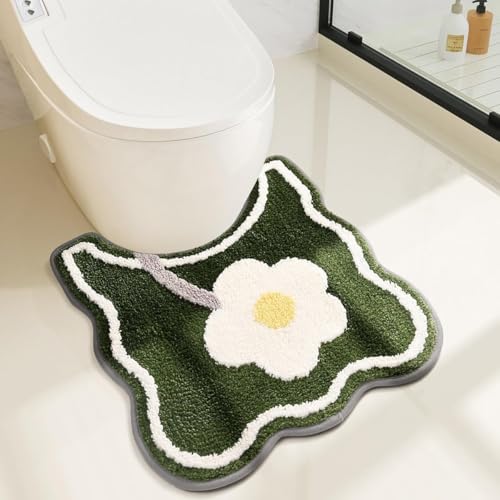 Toilet Bath Rug, U-Shaped Non-Slip Toilet Rug, Flower Rug for Bathroom Floor Soft Plush Microfiber Mat Super Absorbent Washable Bath Shower Mat, 20 x 22 Inches, Green - color: Green