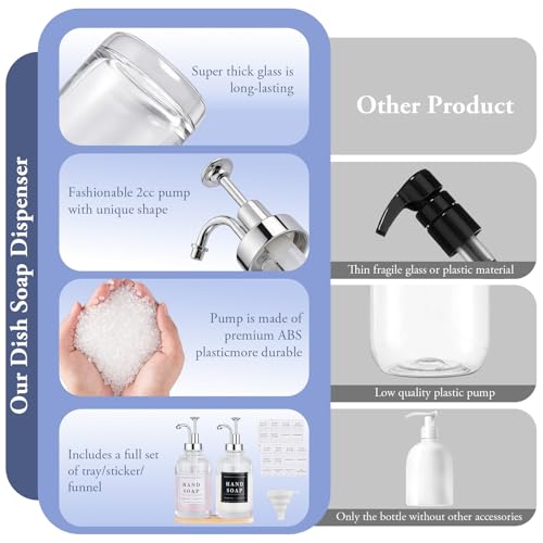 Glass Soap Dispenser with Pump,Tray,Funnel, Countertop Soap and Lotion Dispenser Set of 2 with 60 Stickers, Dish and Hand Soap Dispenser Bottle for Kitchen,Bathroom,Shower, 500ml/16.9oz - color: Blk-5010-2s