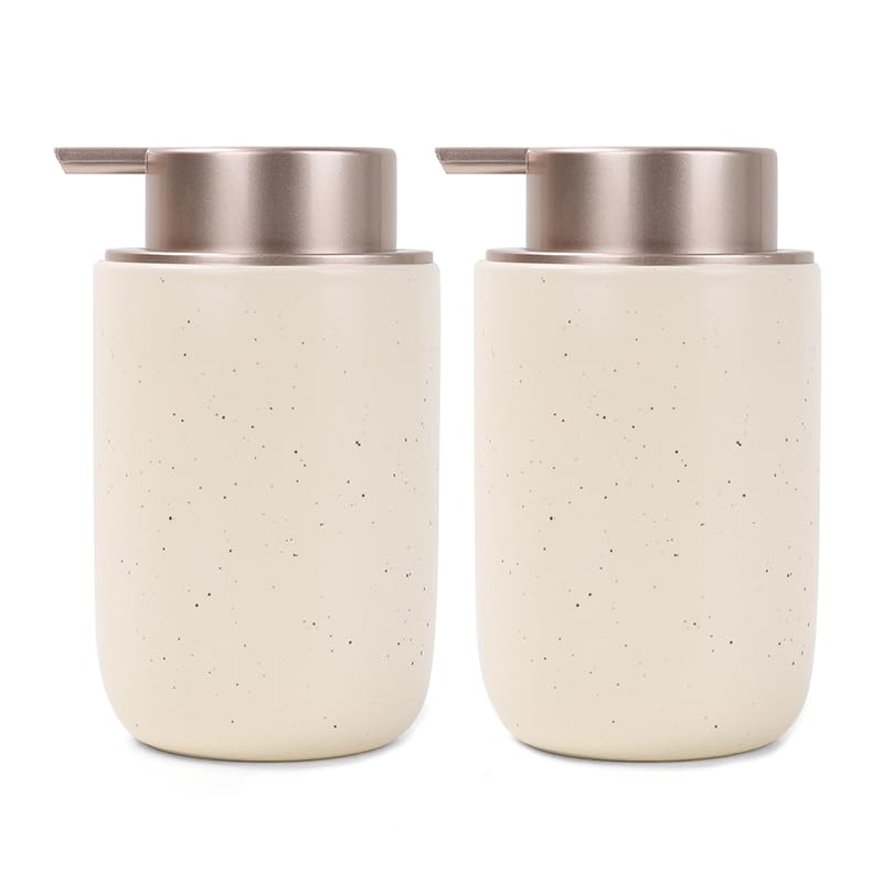 BosilunLife Apricot Soap Dispenser Set - 2 Pack 12oz Ceramic Dish Soap Dispenser with Rust Proof Pump for Kitchen, Hand Soap and Lotion Set Suitable for Farmhouse Bathroom Decor with Waterproof Labels - color: Apricot-liquid Pump