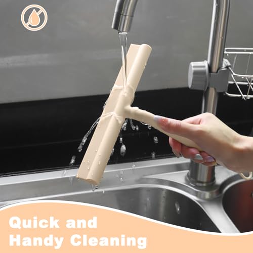 Squeegee for Shower Glass Doors, Resilient Loop - No-Drill & Adhesive Hook, Silicone Shower Squeegee with Stainless Steel Core, Cleaning Tool for Home, Kitchen, Bathroom & Car - Beige - color: Beige, size: with loop