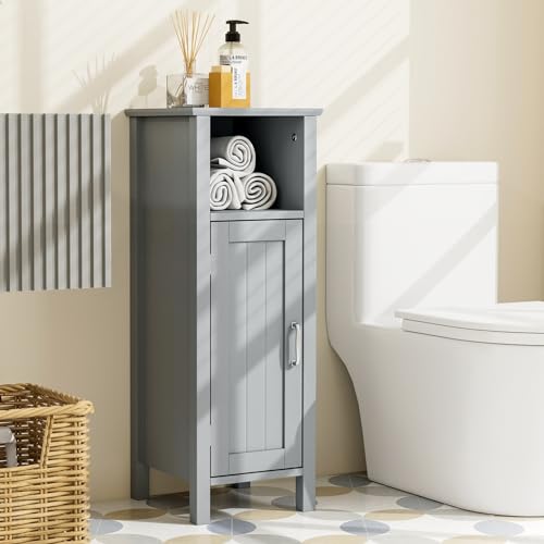 Tangkula Bathroom Floor Cabinet, Freestanding Narrow Storage Cabinet with Anti-Tipping Device, 3-Height Adjustable Shelf, for Bathroom Home Office, 12 x 12 x 31.5 Inches (Grey) - color: Grey