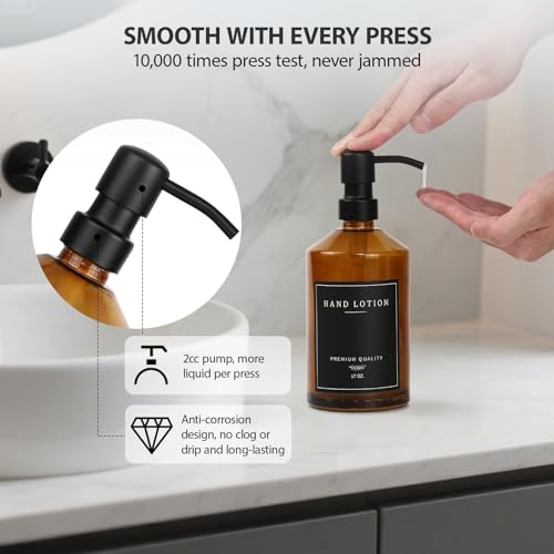 Amber Glass Soap Dispenser, Bathroom Hand Soap Dispensers with Stainless Pump, 17 Oz Kitchen Hand and Dish Soap Dispenser Set, Modern Liquid Soap Lotion Dispenser (Amber Bottle/Black Pump) - color: Amber Bottle + Black Pump