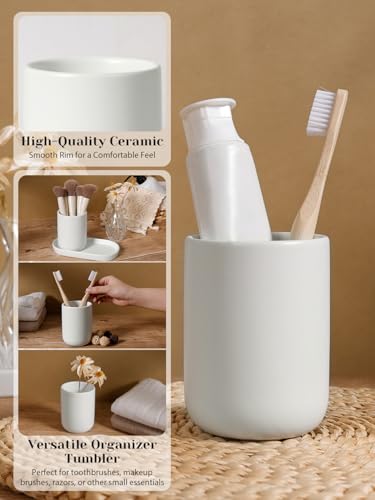 INGOFIN 3 Pcs Ceramic Bathroom Accessory Set - Liquid Soap Dispenser, Toothbrush Holder & Tray, Bathroom Counter Set, Countertop Essentials for Home, Guest Bathroom, or Office Use, White - style: Liquid-White