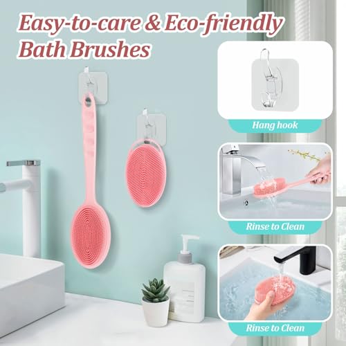 Silicone Back & Body Scrubber Set 2PCS, 13.4'' Gentle Exfoliating Back Scrubber with Dual-Side Head and Non-Slip Handle, Hygienic Silicone Loofah with Soft Bristles and Massage Dots(Pink-2PC) - color: Pink*2