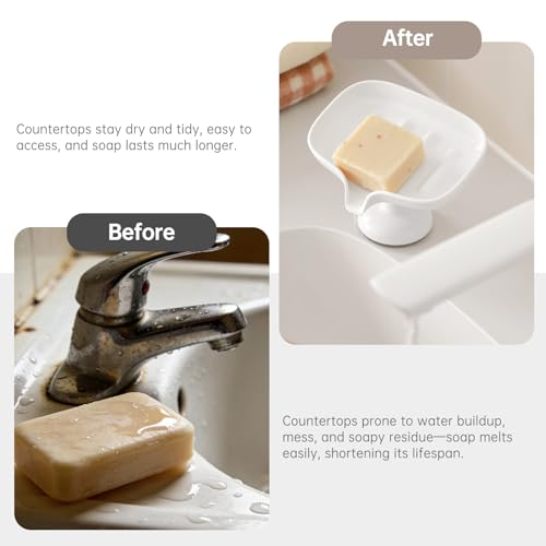 PAVSTINE Self-Draining Soap Dish with Suction Cup, Stand Bar Soap Holder, No Drill Removable Sponge Tray for Shower, Bathroom, Kitchen Sink, Easy to Clean & Keeps Dry, White