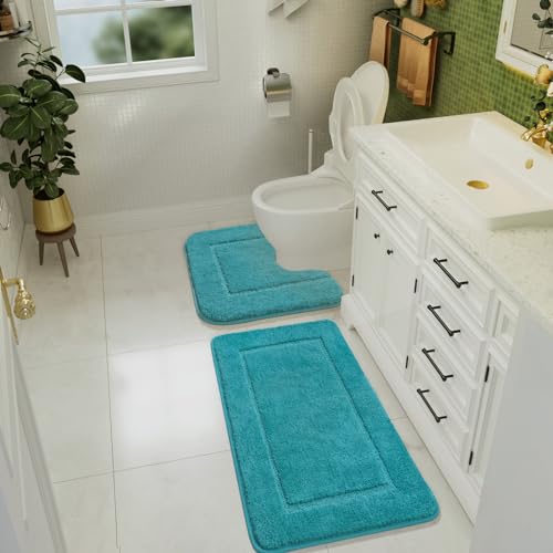 LOCHAS Bathroom Rug Set Teal Blue, Soft Bath Rug Set 2 Piece, Toilet Mat U-Shaped 20x20 and 34x20 Bath Rugs, Quickly Dry Mats for Bathroom, Tub, Washable, Super Absorbent Floor Mat - color: Teal Blue, size: 34" x 20" Plus 20" x 20" (U-Shape)