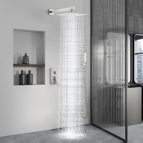 Aolemi Shower Faucet Set Rain Shower System with Handheld Spray Bathroom Shower Combo Rough-in Valve and Shower Trim Kit Included Brushed Nickel 10 Inch Wall Mount Shower Head - color: Brushed Nickel, size: 10 Inch Wall Mount Shower Head
