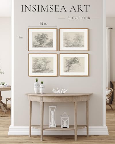 InSimSea 4 pcs Framed Wall Art, Vintage Sketch Tree Canvas Prints, Bathroom Kitchen Beige White Decor, Neutral Toned, Rustic Nature Shelf Decor, Small Size,11x14in - color: neutral Sketch tree
