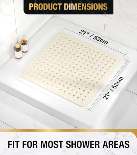 HITSLAM Shower Mat Anti Slip, Square Bath Mat for Tub Non Slip with Suction Cups and Drain Holes, 21x21 Inch Bathroom Shower Stall Floor Mat, Machine Washable, Soft on Feet, Sand - color: Sand, size: 21" x 21" (Square)