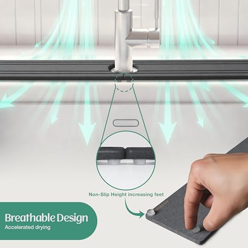 Stone Faucet Mat for Kitchen Sink Splash Guard 23.6" x 3.9" with 2.5" Center Hole | Dark Grey Diatomite Drying Stone Mat | Non-Slip Stone Tray for Kitchen Counter with Premium Texture