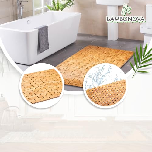 Bamboo Bath Mat 48 x 16 Inches and Wooden Soap Dish Set Bathroom Rugs Bathtub Mat Non Slip Bath Mats for Bathroom, Kitchen Sauna Spa Hot Tub Outdoor Decor - color: Wood, size: 48x16
