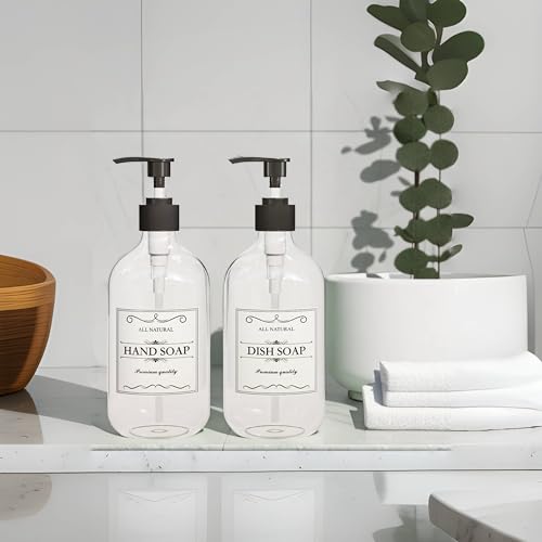 2PCS Clear Dish Soap Dispenser for Kitchen with Rust Proof Pump (16 Oz), Premium Hand Soap Dispenser for Bathroom, Plastic Liquid Soap and Lotion Dispenser/Bottles Set, Waterproof Labels - color: Clear