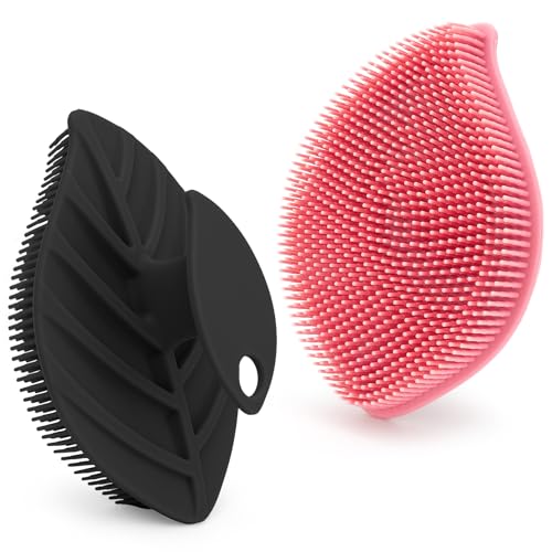 2 Pack Silicone Body Scrubber, Soft Silicone Loofah, Gentle Exfoliating Body Scrubber for Sensitive Skin, Leaf Shaped Shower Scrubbers, Silicone Scrubbers Body Brush for Women Men (Pink & Black) - size: 2 Pack: Pink & Black