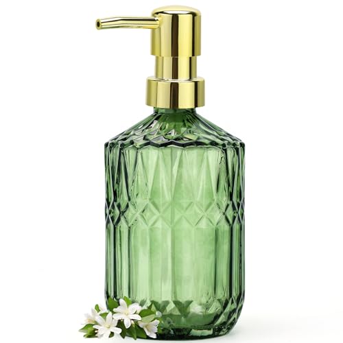 Green Glass Soap Dispenser (15.4 Oz, 1 Pack), Dish Soap Dispenser with Golden Rust Proof Pump for Kitchen Sink, Refillable Bathroom Hand Soap Lotion Dispenser - color: Green