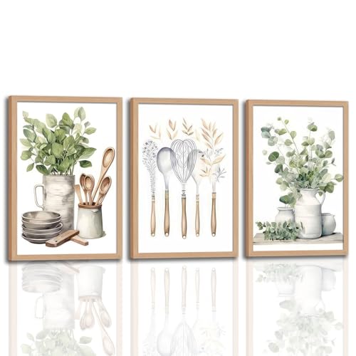 OBXXKZ 3 Pcs Boho Farmhouse Kitchen Wall Art Sage Green Pictures Botanical Paintings Farmhouse Artwork Eucalyptus Nature Art Prints for Dining Room 12"x16" Ready to Hang - color: Kitchen tableware, size: 12x16 inches