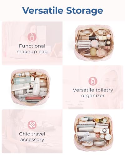 BAGSMART Makeup Bag, Travel Cosmetic Bag, Puffy Padded Make Up Bag for Women, Makeup Organizer Case, Wide-open Pouch Purse, Travel Essentials, Toiletries Accessories Brushes, Dark Pink - color: C-Dark Pink