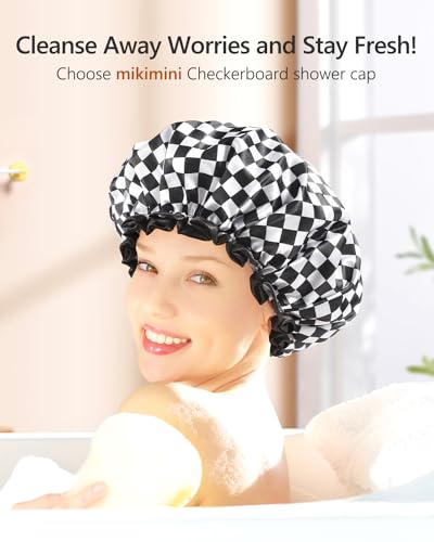 mikimini Large Shower Cap for Women Long Hair, Reusable, Double Layers Waterproof Large Bathing Shower Hat with Soft Comfortable PEVA Lining, Non-Fading, Stretchy & Shower Caps ,Checkerboard (Pack of 1) - size: XL/1PC