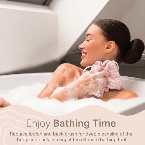 Yiclick Dual-Textured Exfoliating Washcloth Towel - Back Scrubber for Use in Shower Bath, Exfoliating Body Scrubber Exfoliator, Japanese Exfoliate Loofah Lufa Sponge Wash Cloth for Women Men - color: Pink