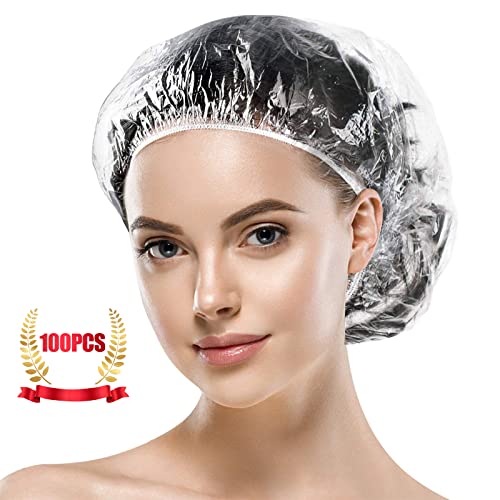 MORGLES 100 Pcs Disposable Shower Caps, Clear Large Shower Caps for Women Disposable, Plastic Hair Caps for Hair Treatment, Spa, Home & Travel Use,19.7" - size: 100 Count (Pack of 1)