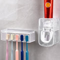 5 Slots Wall Mount Toothbrush Holder with Cover, Self Adhesive Tooth Brush Storage Organizer for Shower Bathrooms, Toothbrush Stand with Automatic Toothpaste Squeezer Dispenser - color: Clear Combination