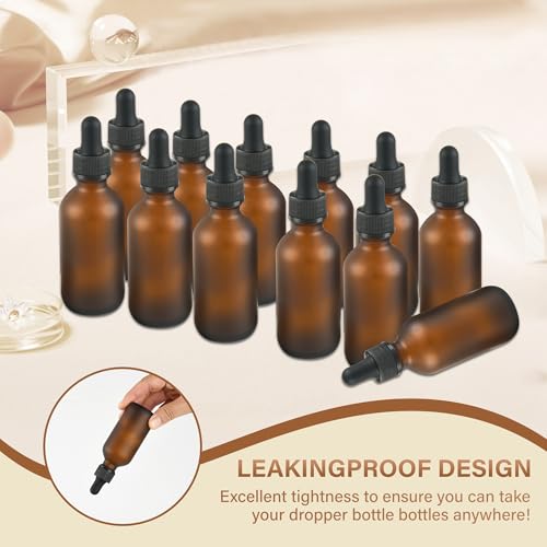 NOOEEISS 12 Pcs, 2oz Dropper Bottle, Amber Glass Eye Dropper Bottle, Tincture Bottles with Dropper, Pretty Finish, Leak-Proof Design, Stronger Suction for All Kinds of Mixed Liquids - color: Amber Frosted, size: 2oz-12Pack
