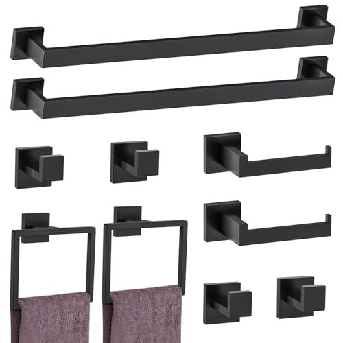 10-Piece Matte Black Bathroom Hardware Accessories Set Black Towel Bar Set Towel Holder Set Stainless Steel Wall-Mounted Towel Rack Set for Bathroom,23.6 Inch Towel Bar - color: 10 Pcs Matte Black