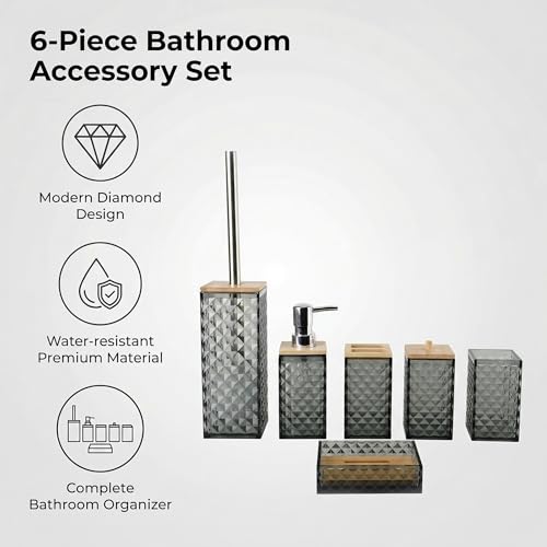 Grey Bathroom Accessory Set, 6 PCS Grey Bathroom Accessories Set, Soap Dispenser, Toothbrush Holder, Soap Dish, Mouthwash Cup, Cotton Swab Holder and Toilet Brush, Acrylic - color: Grey