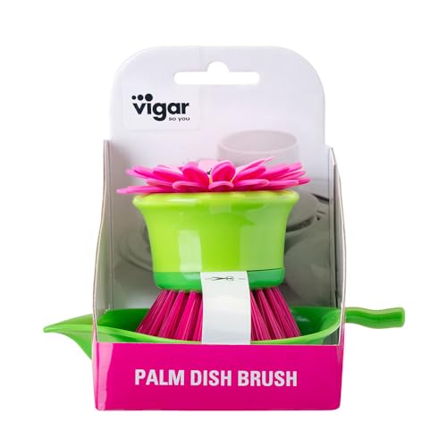 Vigar Flower Power Palm Dish Scrub Brush with Holder, Kitchen Scrub Brush for Dishes, Dish Scrubber, Sink Brush, Dishwashing Brush and Vegetable Scrubber for Household Cleaning - Pink, Green - color: Pink, Green