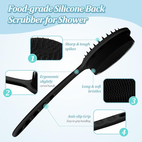 Silicone Back & Body & Face Scrubber Set 3PCS, Gentle Exfoliating Back & Body Scrubber with Dual-Side Brush Head, Hygienic Silicone Loofahs with Soft Bristle and Non-Slip Handle(Black-3PC) - color: Black*3