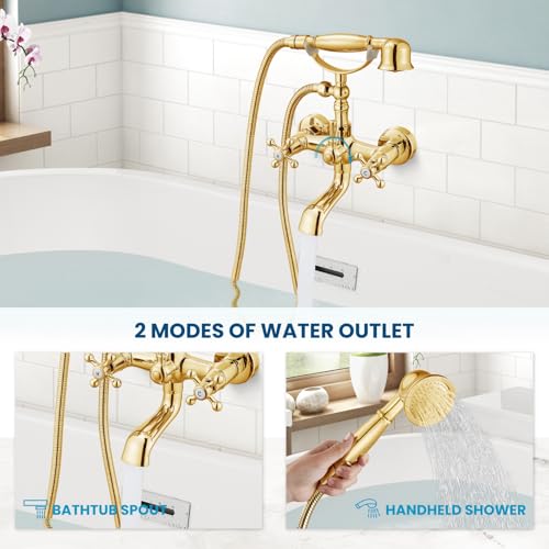 gotonovo Wall Mount Clawfoot Bathtub Faucet with HandHeld Spray and 360° Double Cross Handle Swivel Spout Vintage Tub Shower Faucet Set with Adapter Adjustable Swing Arms Polish Gold - color: Polish Gold