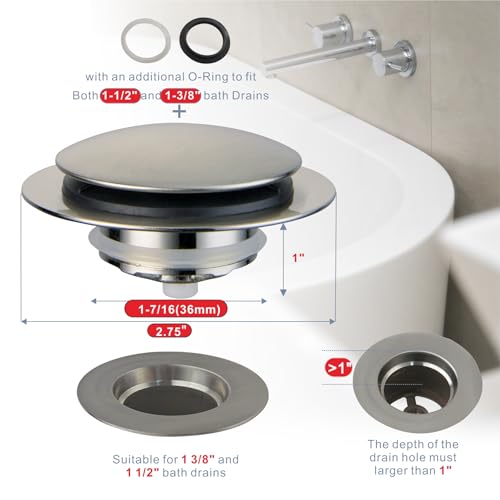 Brushed Bathtub Drain Stopper,Universal Pop Up Bath Drain, Hidrop Tip Toe Tub Drain Stopper,Conversion Kit Assembly, Replaces Lift and Turn,Tip-Toe and Trip Lever drains for Tub, EZ Install(Brushed) - color: Brushed
