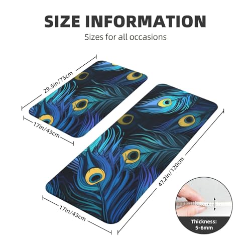Peacock Feather Blue Kitchen Rugs Mats Set of 2 Pcs Non-Slip Floor Mats Washable Runner Rugs Set for Bathroom Laundry Hallway Kichen Comfort Standing Mat - color: Peacock Feather Blue