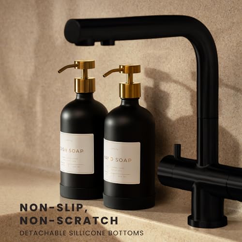 Hand and Dish Soap Dispenser for Kitchen and Bathroom, Set of 2 16 Oz Glass Bottles, Stainless Steel Pumps, Non-Slip Silicone Base, 27 Waterproof Labels (Matte Black Bottle/Brushed Gold Pump) - color: Matte Black Bottle / Brushed Gold Pump