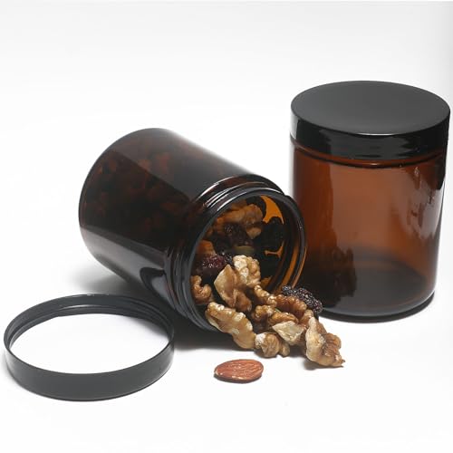 8oz Glass Jars with Lids, 2 pack Jars Amber 250g Empty Round Cosmetic Containers for Sample, Powder,Body Butter,Cream, Lotion, Spice