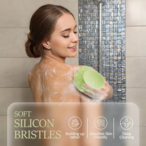 Soft Silicone Body Scrubber, Gentle Like a Hand Exfoliating Your Skin and Build Up Lather Easily, Back Large Suction Cup Easy to Store, Long-Lasting & Deep Clean (Green) - color: Green