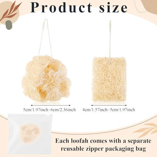 24 Pcs Mini Natural Loofah Sponges, 12 Pcs 2 Inch Single Wrapped Egyptian Loofah Bath Sponge with 12 Travel Pouches, Exfoliating Shower Scrubber for Body Face Skin Care & Kitchen Cleaning