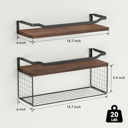 WOPITUES Floating Shelves with Wire Storage Basket, Bathroom Shelves Over Toilet with Protective Metal Guardrail, Wood Wall Shelves for Bathroom, Bedroom, Living Room, Toilet Paper- Dark Brown - color: Dark Brown